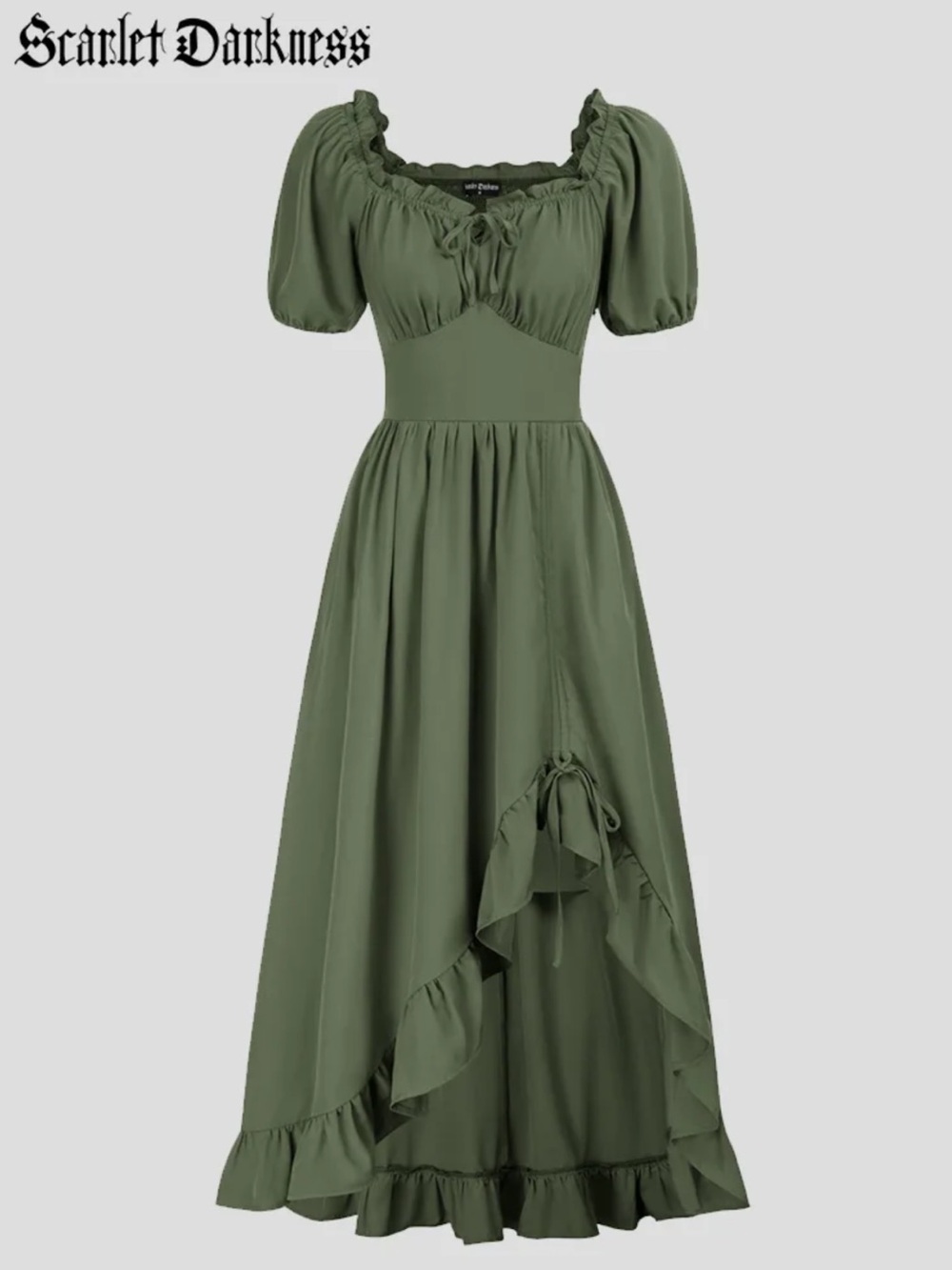 Ruched Olive Green Midi Dress with Puff Sleeves